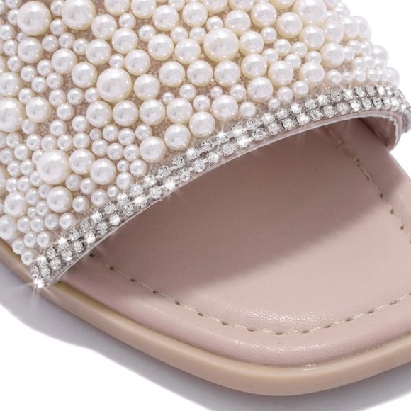 NEW🔥 Jeweled Pearl Bling Rhinestone Open Toe Slide Sandal Flat Flip Flops - Picture 6 of 6